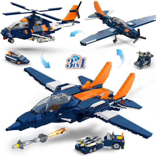HOGOKIDS 3 in 1 Fighter Jet Plane Building Sets Military Propeller Aircraft Gunship Building Toys with Handling Vehicle/Rocket Launcher/Speedboat Model Xmas Gift for Kids Boys and Girls 8+ 738PCS